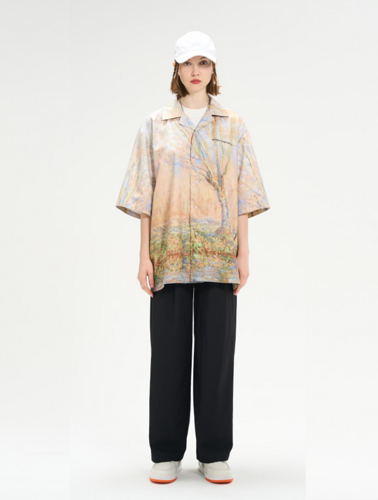 Harsh and Cruel Vintage Forest Lake Oil Painting Cuban Shirt