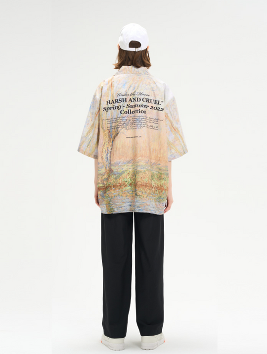 Harsh and Cruel Vintage Forest Lake Oil Painting Cuban Shirt