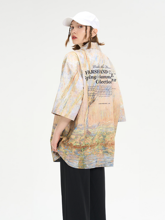 Harsh and Cruel Vintage Forest Lake Oil Painting Cuban Shirt