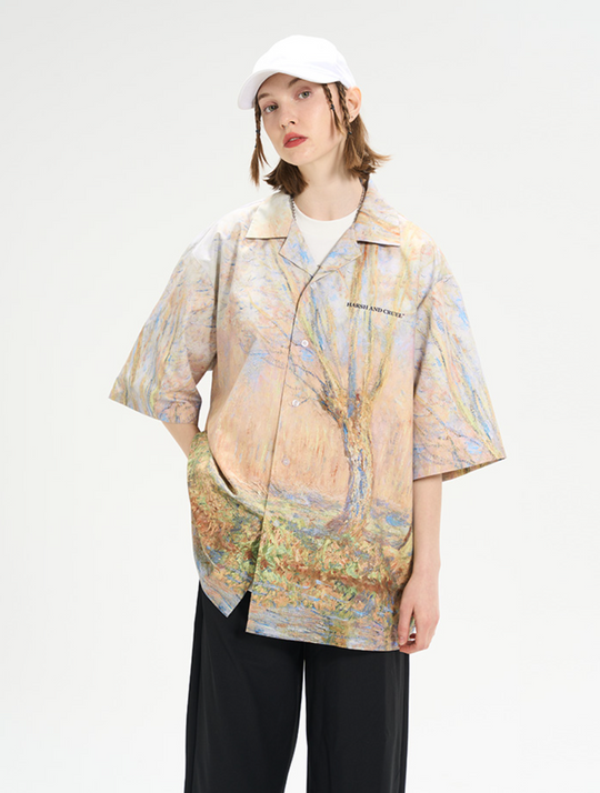 Harsh and Cruel Vintage Forest Lake Oil Painting Cuban Shirt