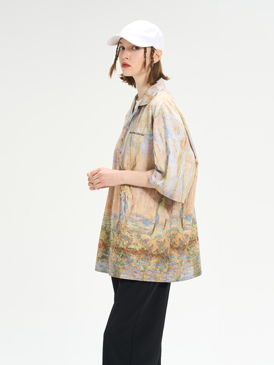 Harsh and Cruel Vintage Forest Lake Oil Painting Cuban Shirt