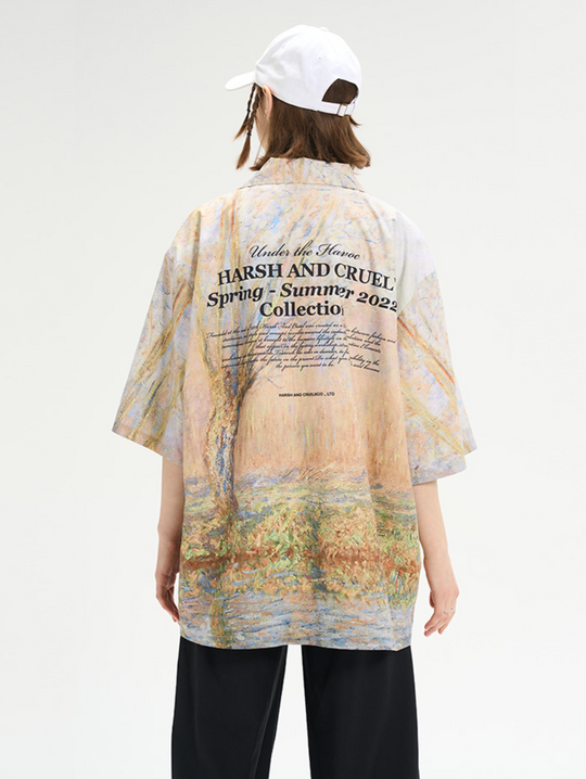 Harsh and Cruel Vintage Forest Lake Oil Painting Cuban Shirt