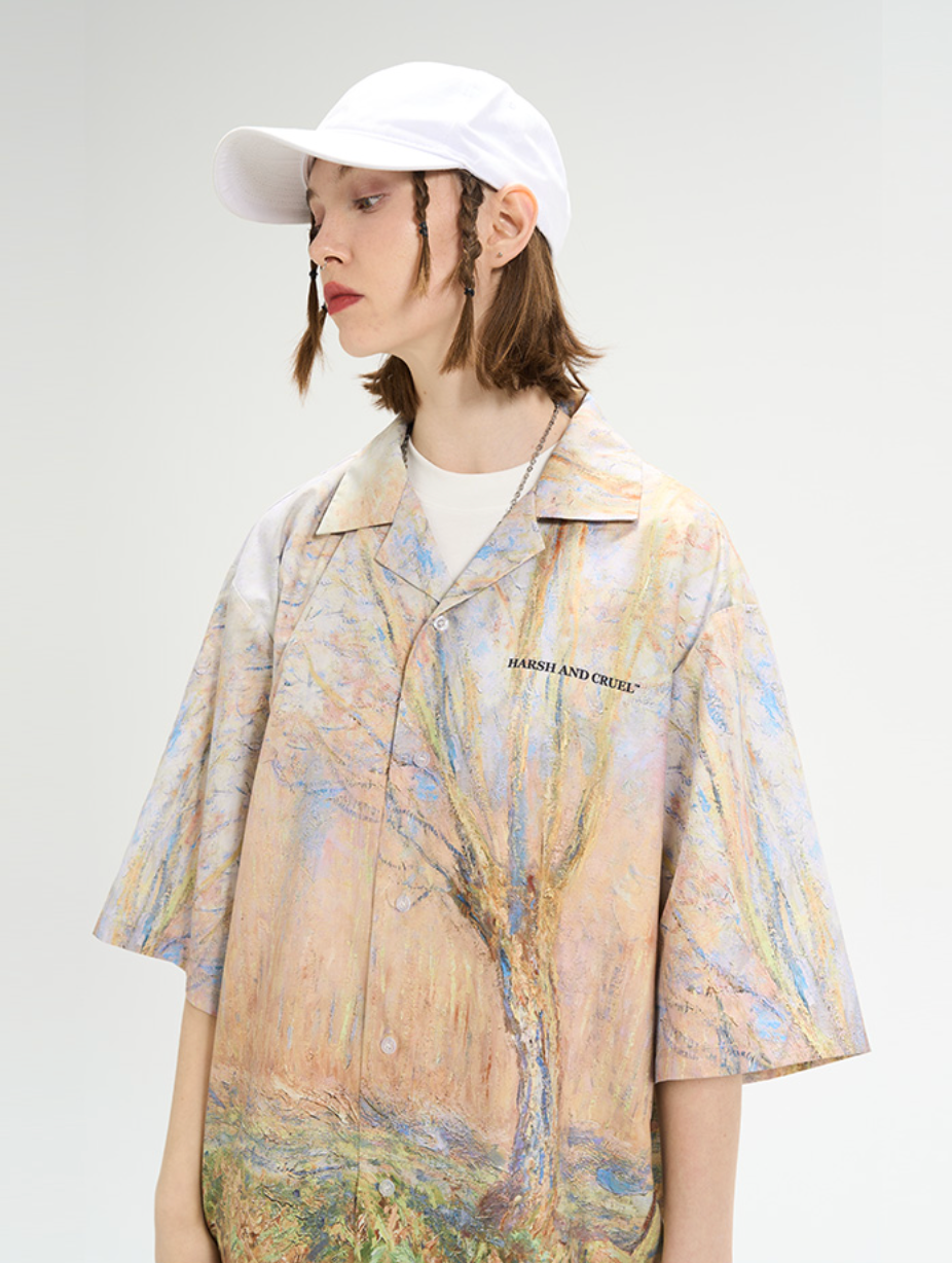 Harsh and Cruel Vintage Forest Lake Oil Painting Cuban Shirt