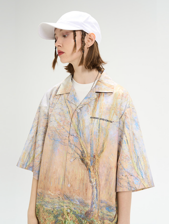 Harsh and Cruel Vintage Forest Lake Oil Painting Cuban Shirt