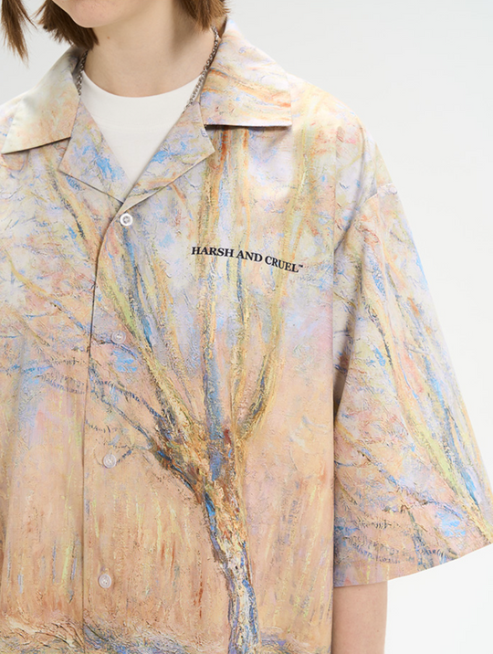 Harsh and Cruel Vintage Forest Lake Oil Painting Cuban Shirt