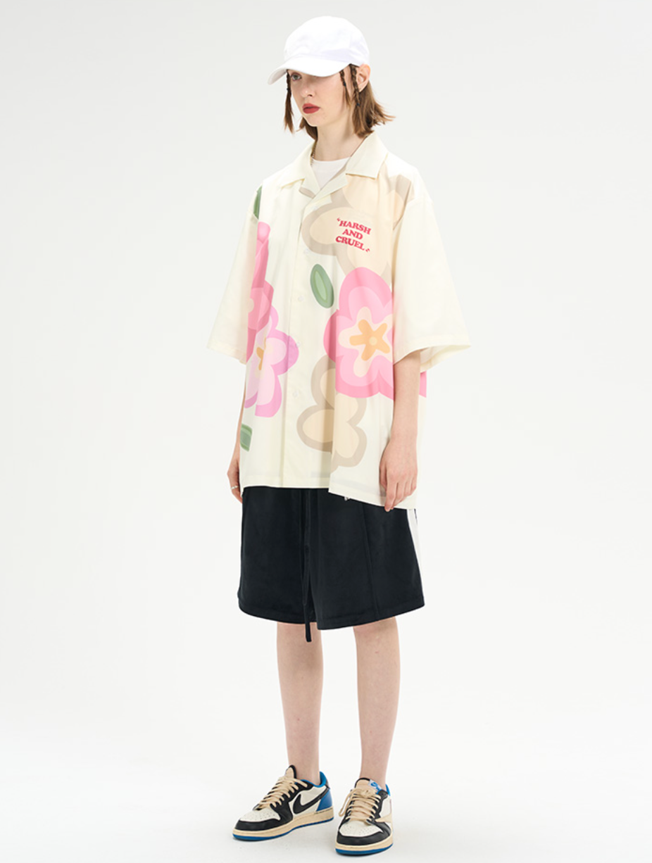 Harsh and Cruel Hand Painted Flowers Print Cuban Shirt