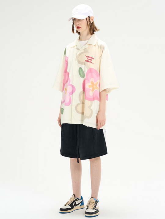 Harsh and Cruel Hand Painted Flowers Print Cuban Shirt