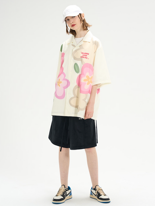 Harsh and Cruel Hand Painted Flowers Print Cuban Shirt