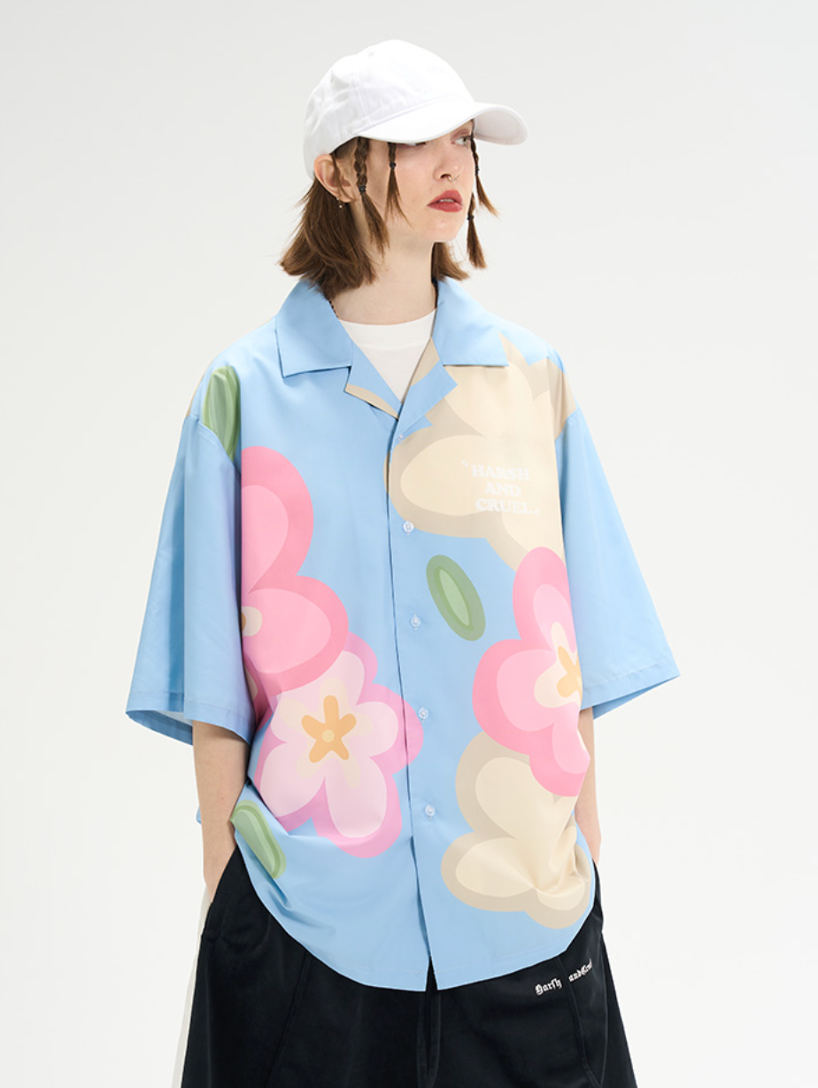 Harsh and Cruel Hand Painted Flowers Print Cuban Shirt