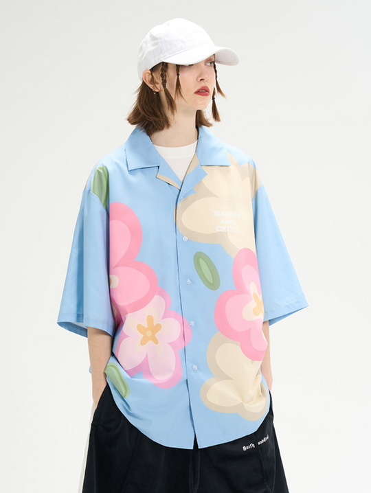 Harsh and Cruel Hand Painted Flowers Print Cuban Shirt