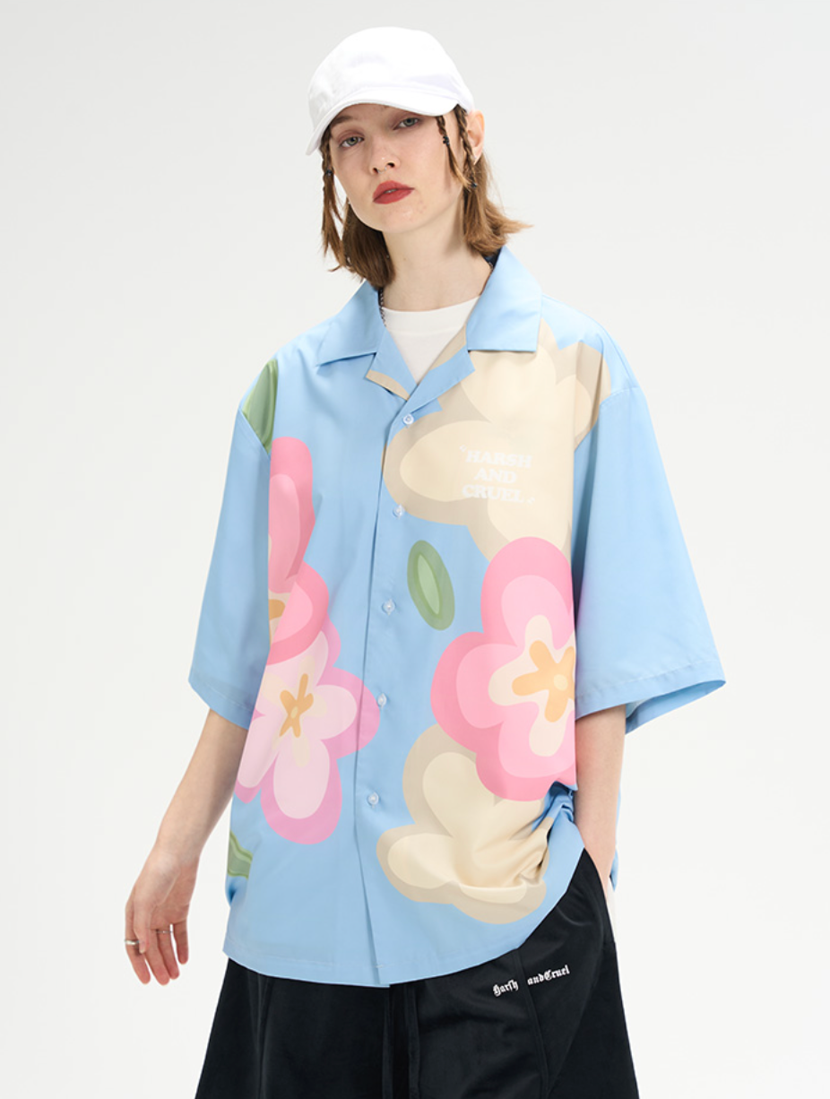 Harsh and Cruel Hand Painted Flowers Print Cuban Shirt
