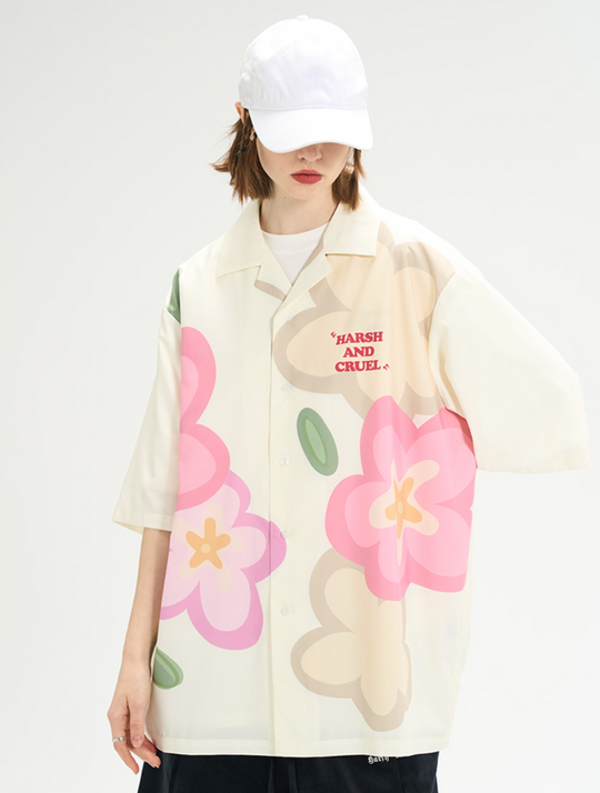 Harsh and Cruel Hand Painted Flowers Print Cuban Shirt