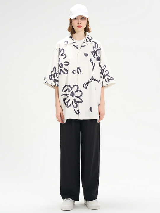 Harsh and Cruel Hand Painted Watercolor Flowers Handwritten Logo Cuban Shirt