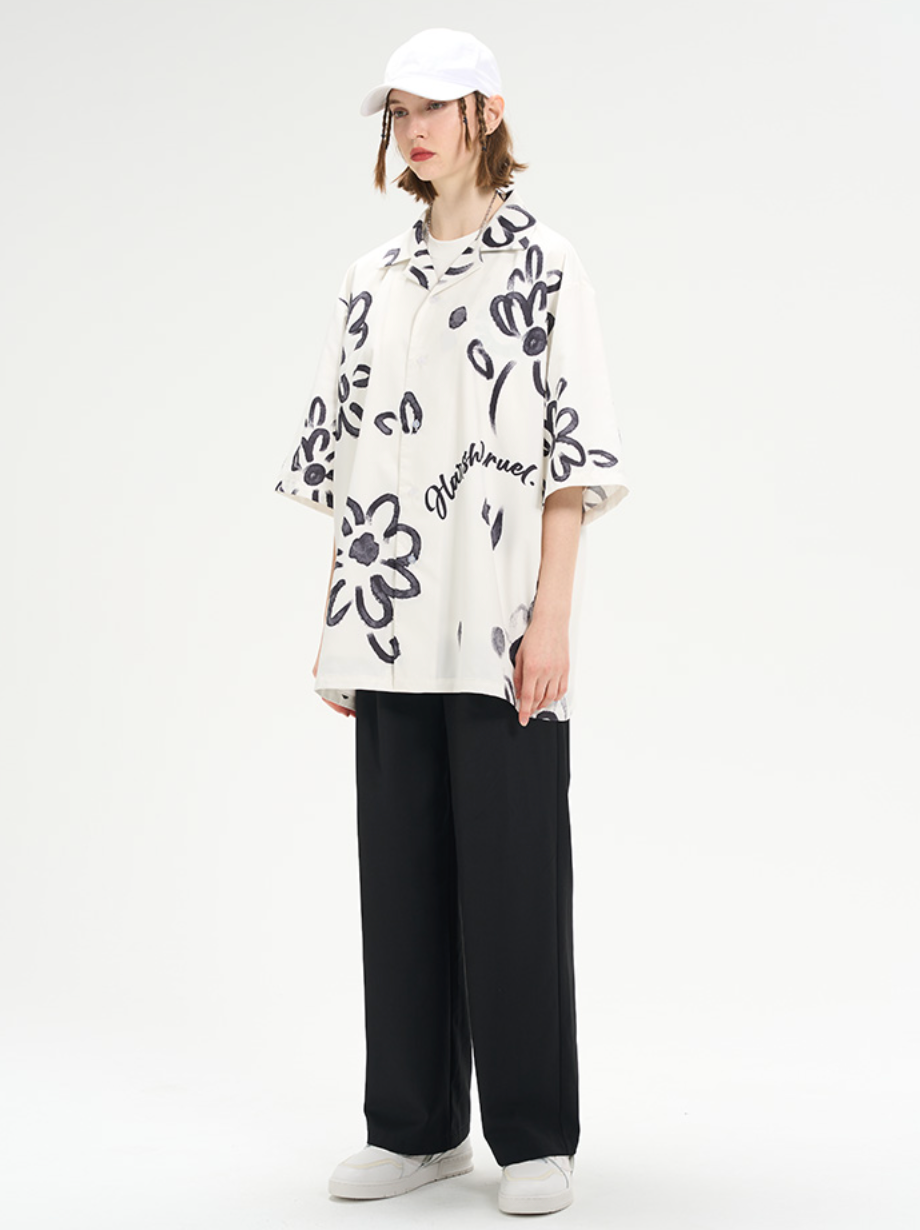 Harsh and Cruel Hand Painted Watercolor Flowers Handwritten Logo Cuban Shirt