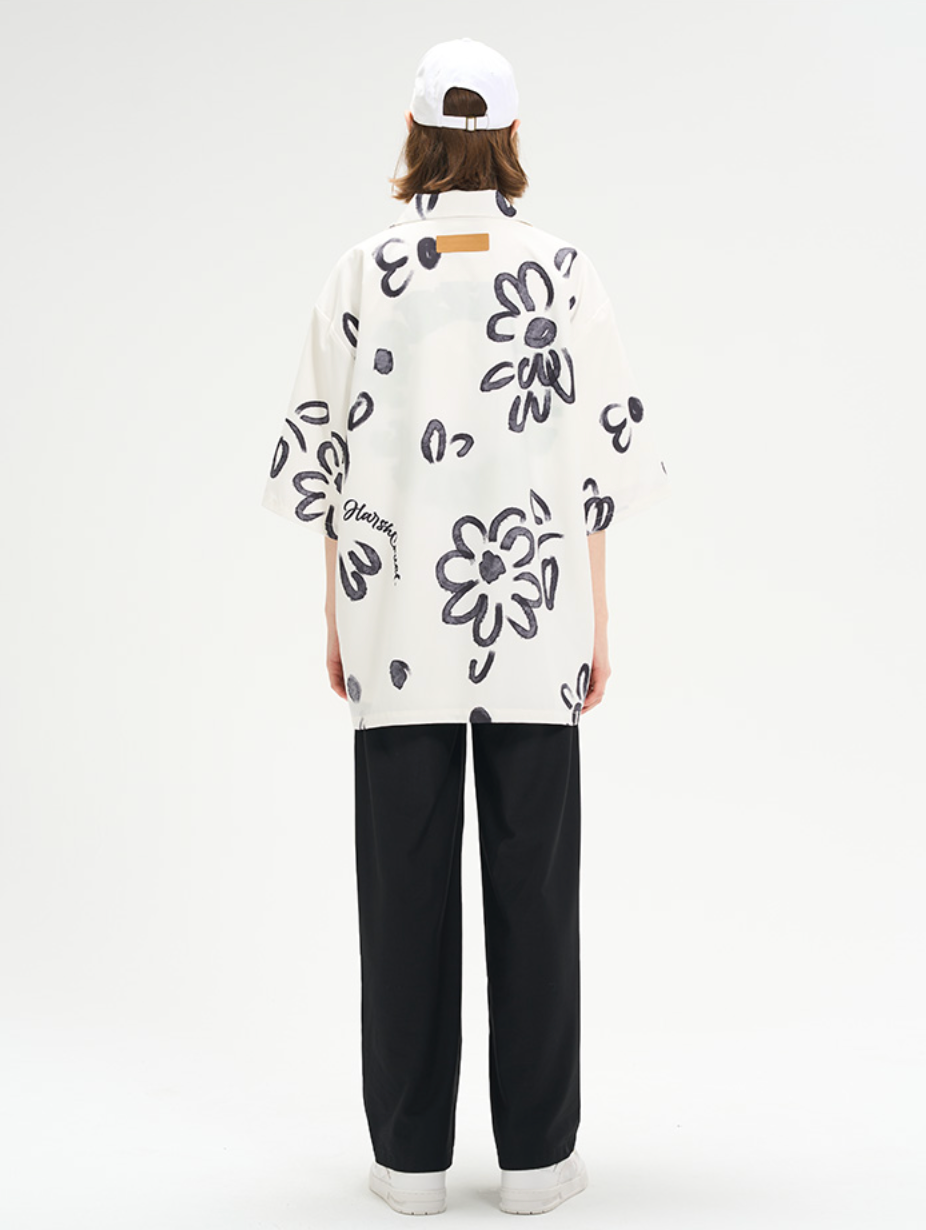 Harsh and Cruel Hand Painted Watercolor Flowers Handwritten Logo Cuban Shirt