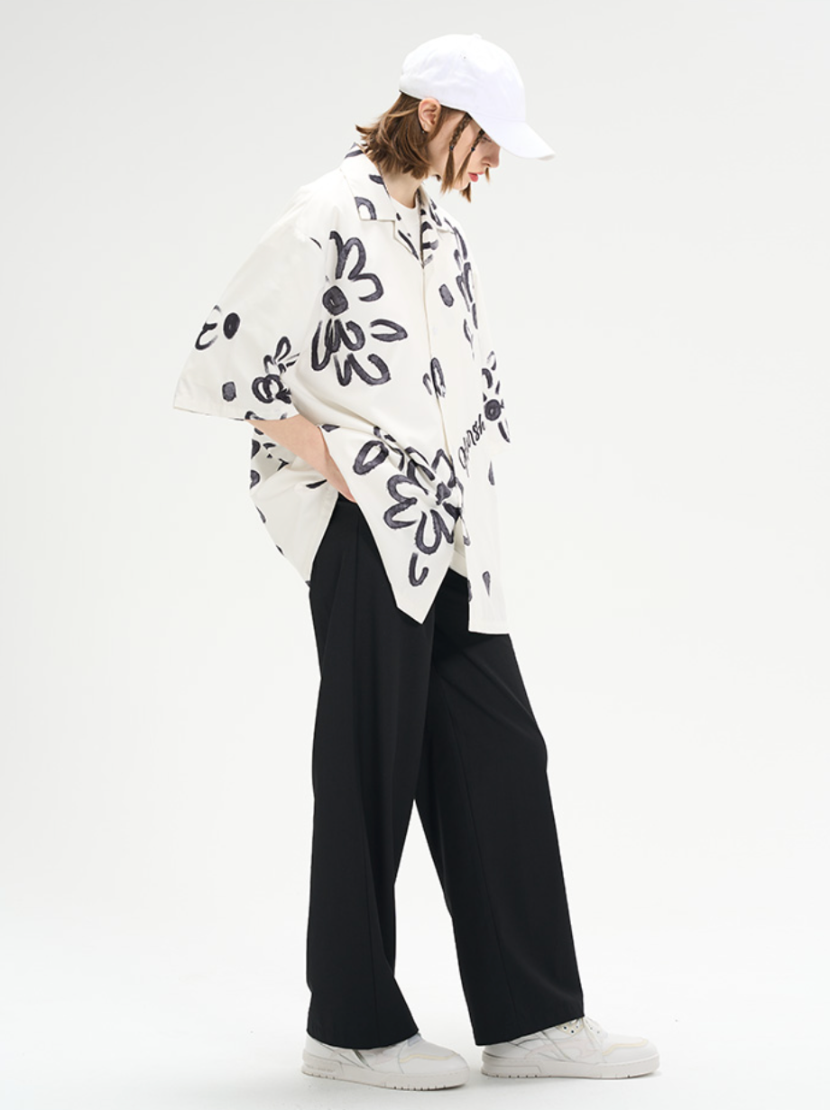 Harsh and Cruel Hand Painted Watercolor Flowers Handwritten Logo Cuban Shirt