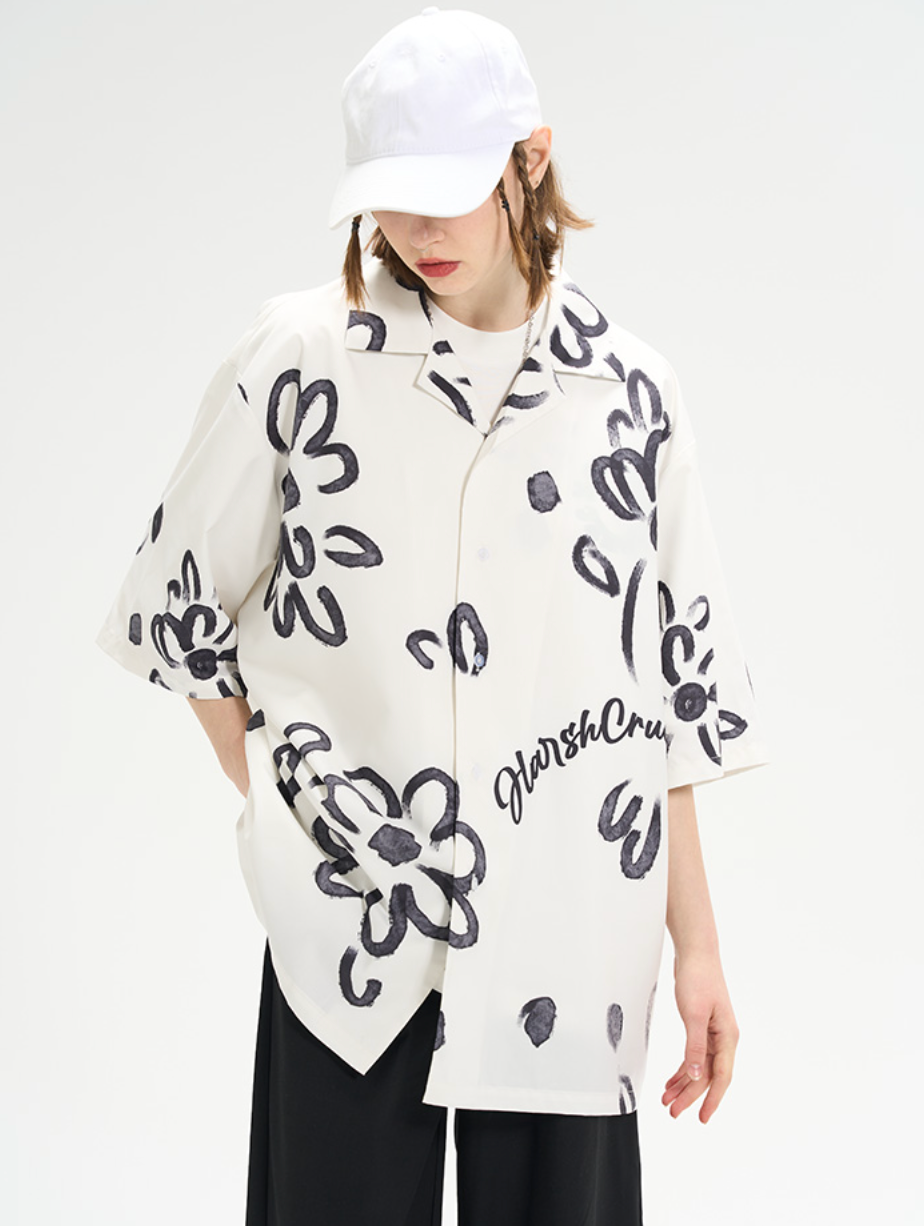 Harsh and Cruel Hand Painted Watercolor Flowers Handwritten Logo Cuban Shirt