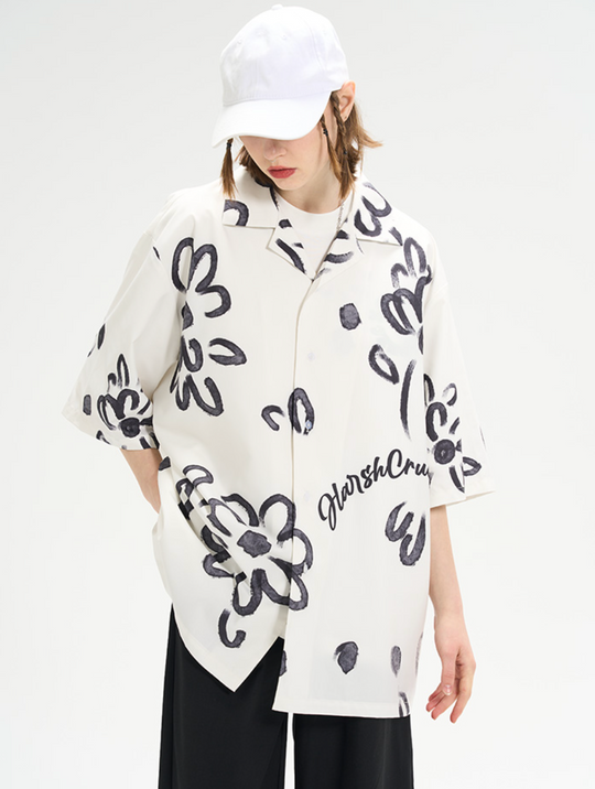 Harsh and Cruel Hand Painted Watercolor Flowers Handwritten Logo Cuban Shirt