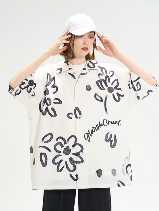 Harsh and Cruel Hand Painted Watercolor Flowers Handwritten Logo Cuban Shirt