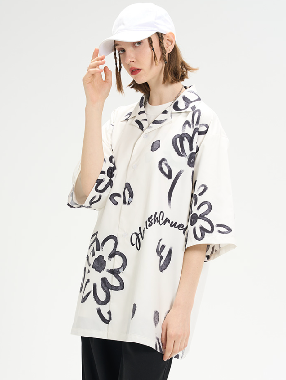 Harsh and Cruel Hand Painted Watercolor Flowers Handwritten Logo Cuban Shirt