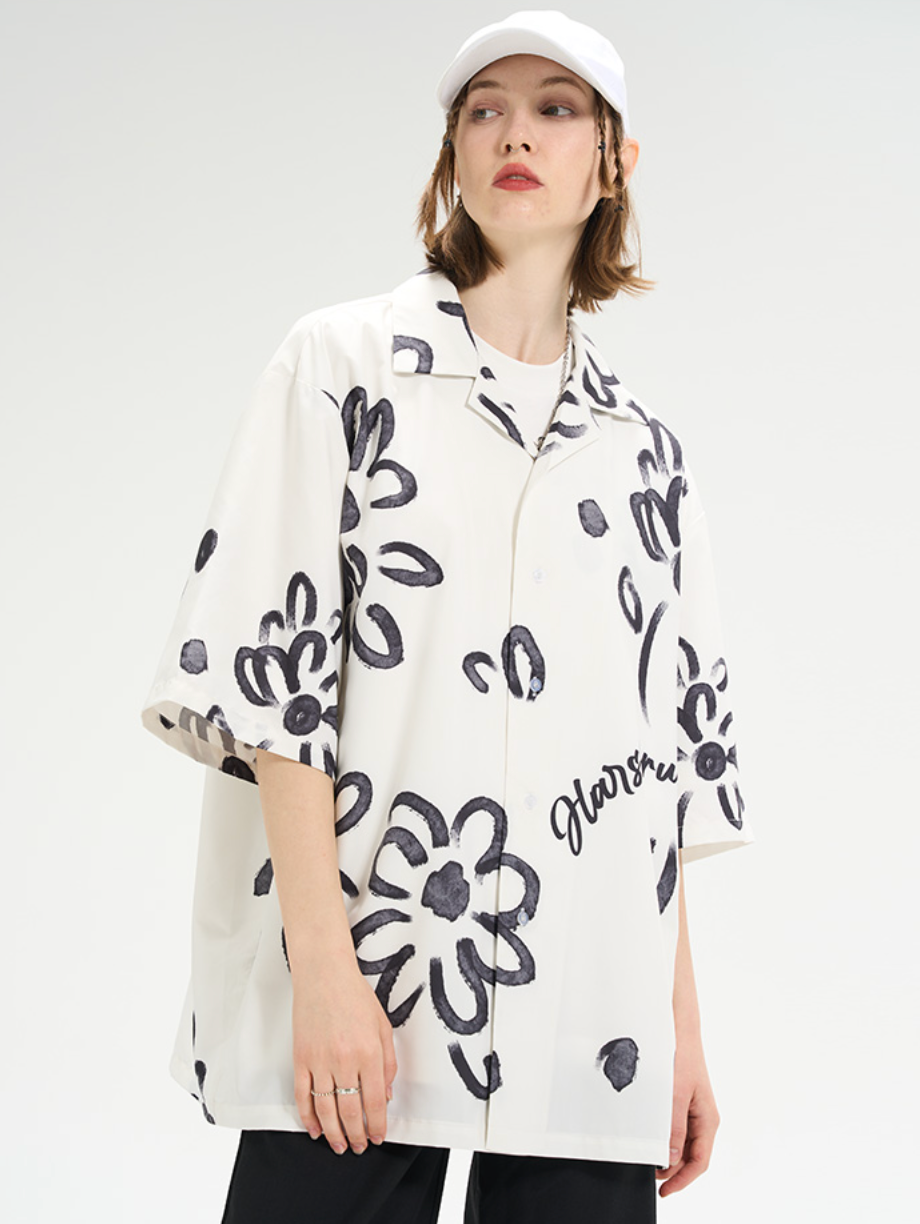 Harsh and Cruel Hand Painted Watercolor Flowers Handwritten Logo Cuban Shirt