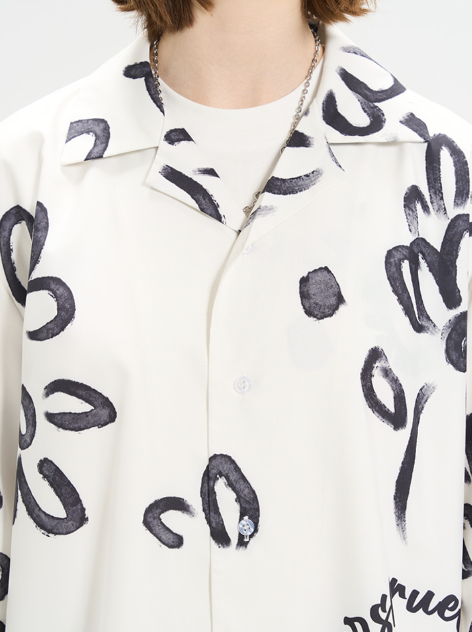 Harsh and Cruel Hand Painted Watercolor Flowers Handwritten Logo Cuban Shirt