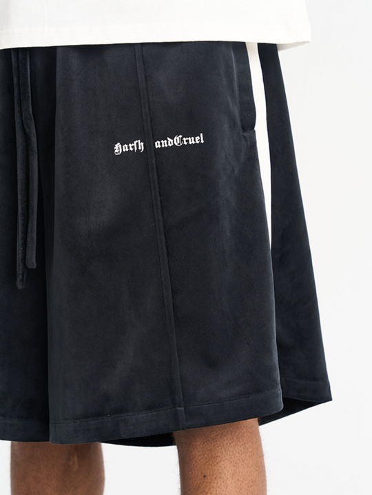 Harsh and Cruel Velvet Striped Gothic Logo Shorts