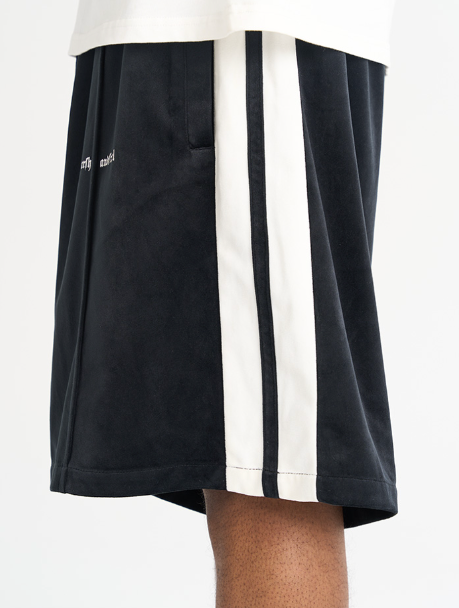 Harsh and Cruel Velvet Striped Gothic Logo Shorts