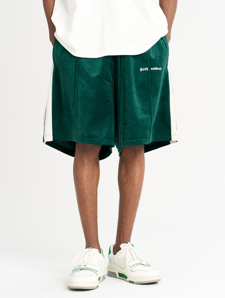 Harsh and Cruel Velvet Striped Gothic Logo Shorts