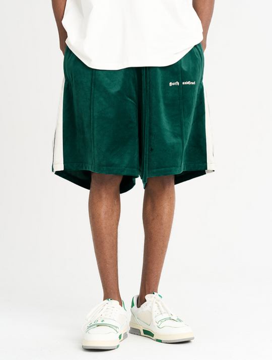 Harsh and Cruel Velvet Striped Gothic Logo Shorts