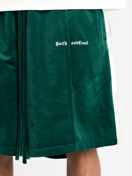 Harsh and Cruel Velvet Striped Gothic Logo Shorts