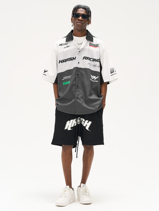 Harsh and Cruel Color Blocking Handwritten Lapel F1 Racing Suit Shirt