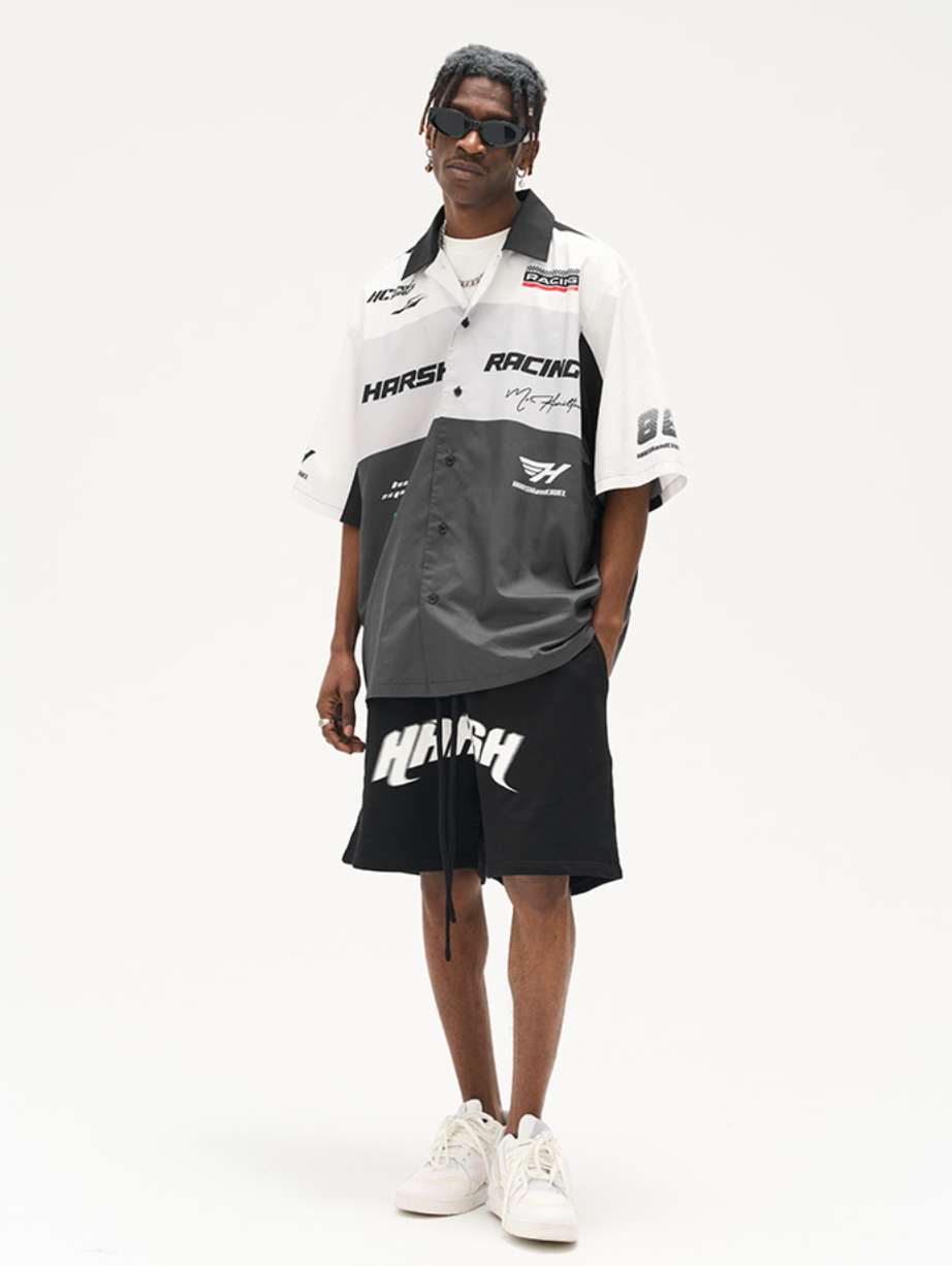 Harsh and Cruel Color Blocking Handwritten Lapel F1 Racing Suit Shirt