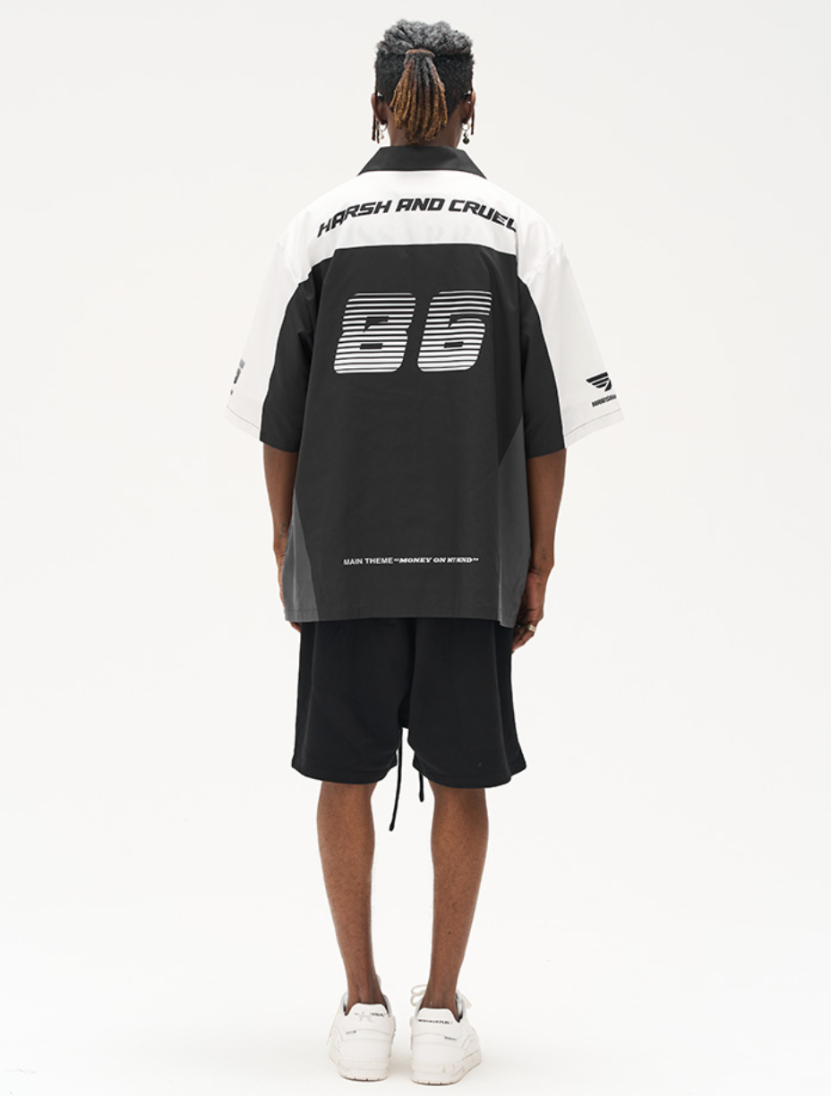 Harsh and Cruel Color Blocking Handwritten Lapel F1 Racing Suit Shirt