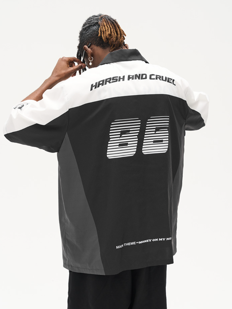Harsh and Cruel Color Blocking Handwritten Lapel F1 Racing Suit Shirt