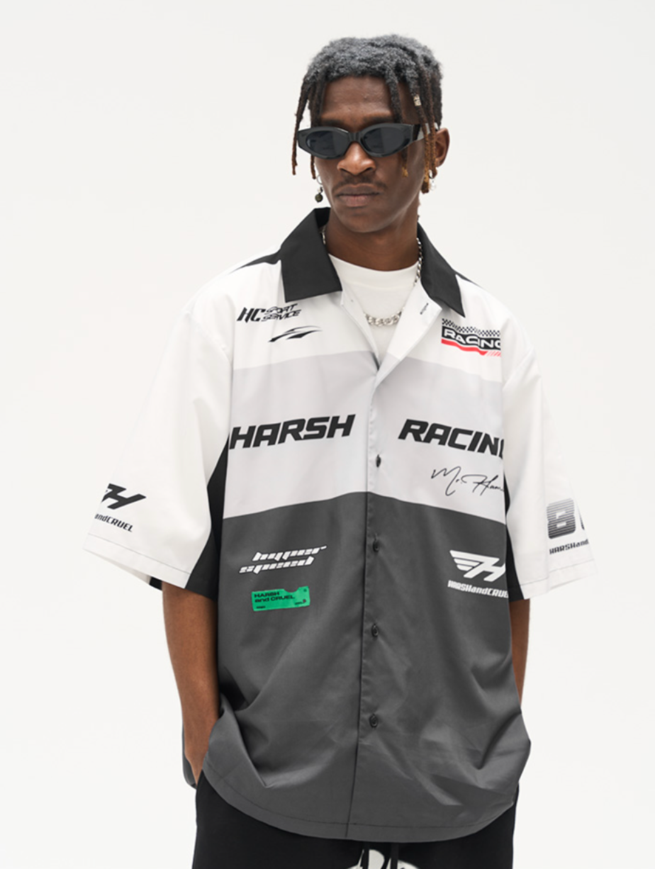 Harsh and Cruel Color Blocking Handwritten Lapel F1 Racing Suit Shirt