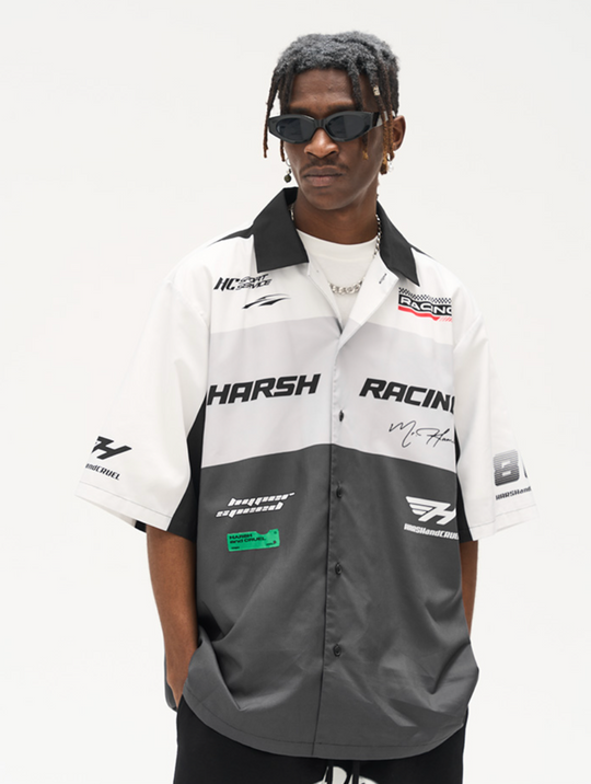 Harsh and Cruel Color Blocking Handwritten Lapel F1 Racing Suit Shirt