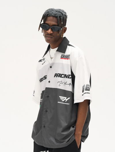 Harsh and Cruel Color Blocking Handwritten Lapel F1 Racing Suit Shirt
