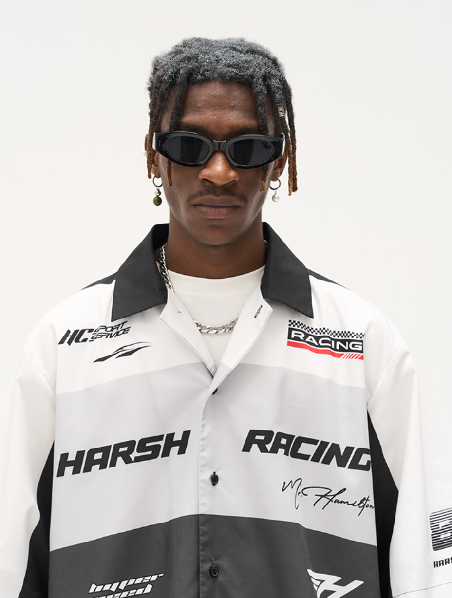 Harsh and Cruel Color Blocking Handwritten Lapel F1 Racing Suit Shirt
