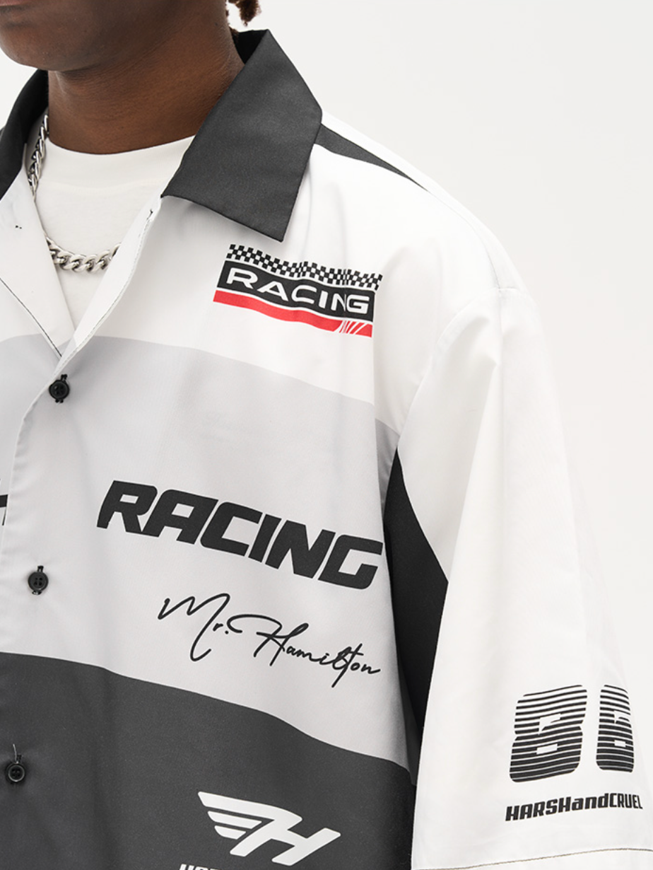 Harsh and Cruel Color Blocking Handwritten Lapel F1 Racing Suit Shirt