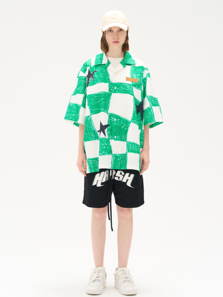 Harsh and Cruel Checkerboard Star Print Cuban Shirt