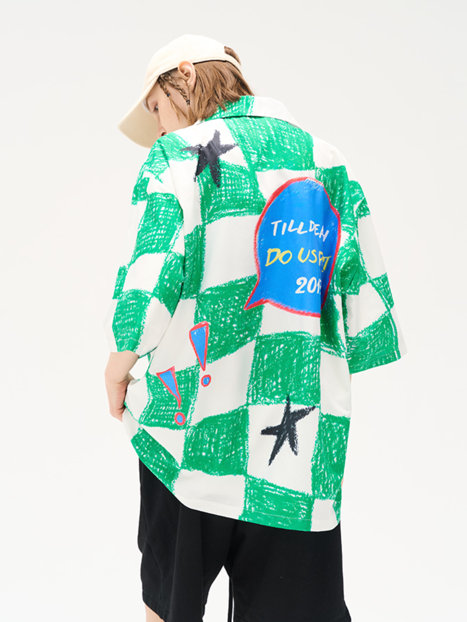 Harsh and Cruel Checkerboard Star Print Cuban Shirt
