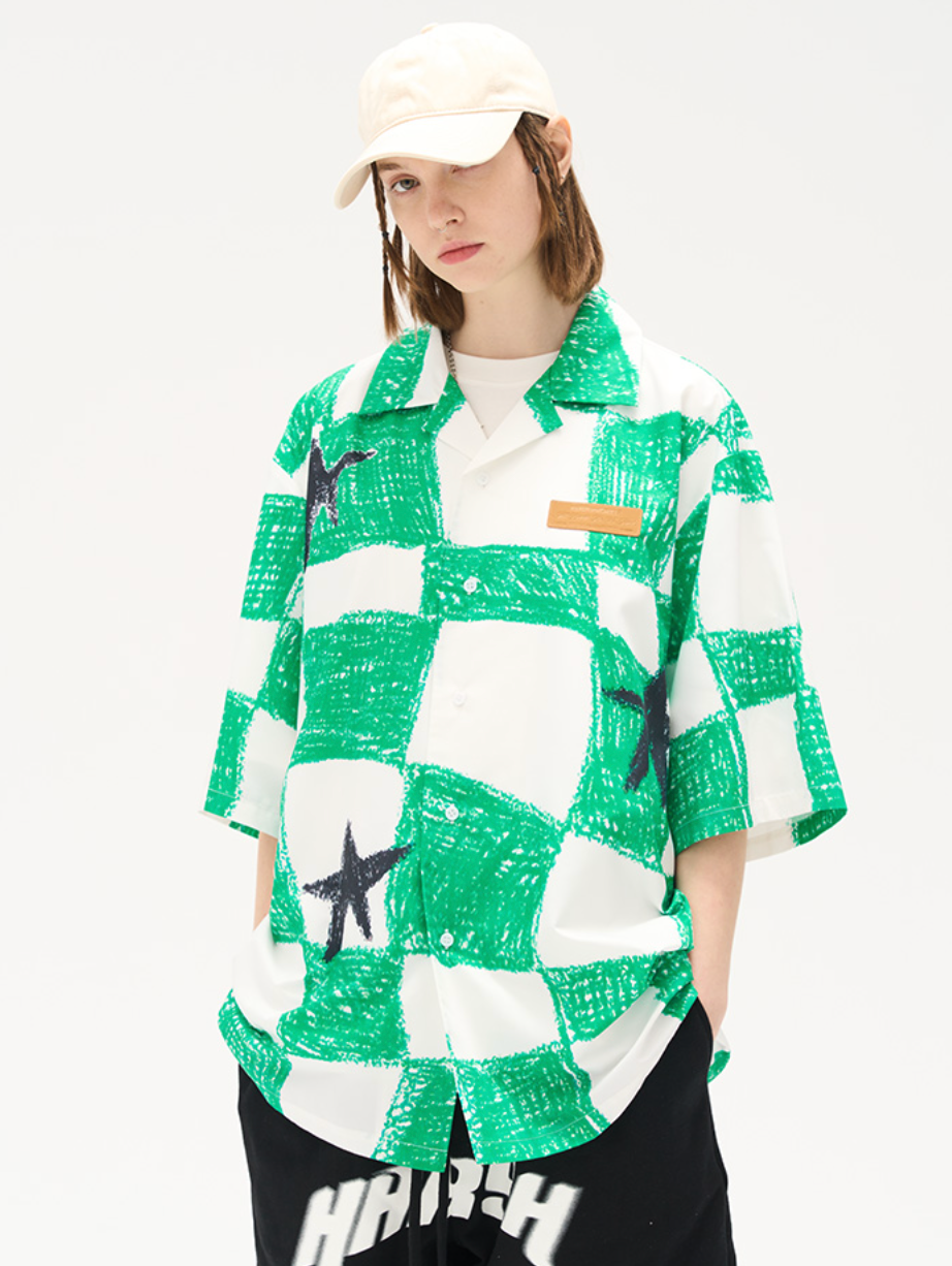 Harsh and Cruel Checkerboard Star Print Cuban Shirt