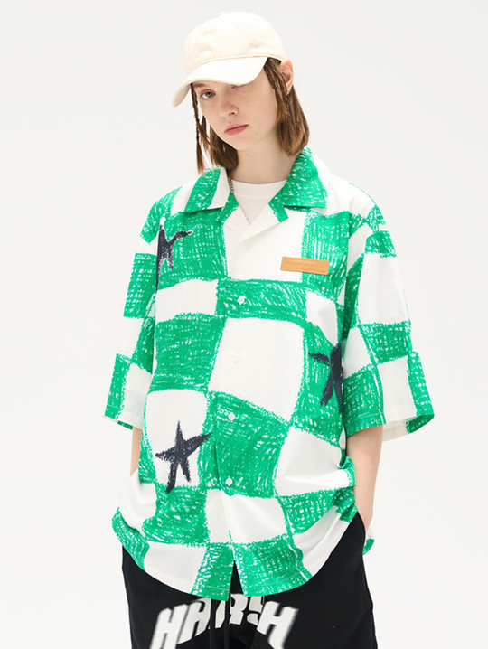Harsh and Cruel Checkerboard Star Print Cuban Shirt