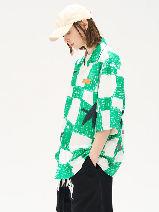 Harsh and Cruel Checkerboard Star Print Cuban Shirt