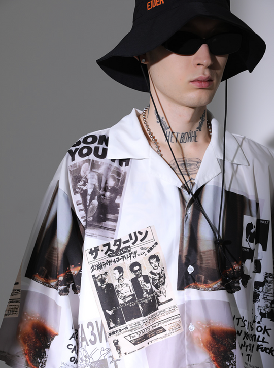 Harsh and Cruel Vintage Newspaper Print Cuban Shirt