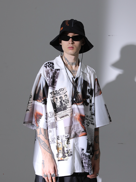 Harsh and Cruel Vintage Newspaper Print Cuban Shirt