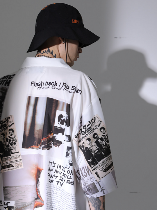 Harsh and Cruel Vintage Newspaper Print Cuban Shirt