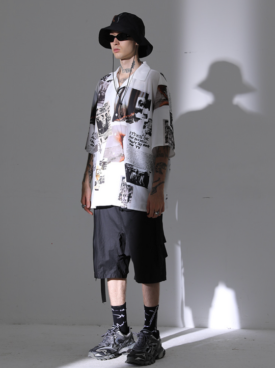 Harsh and Cruel Vintage Newspaper Print Cuban Shirt