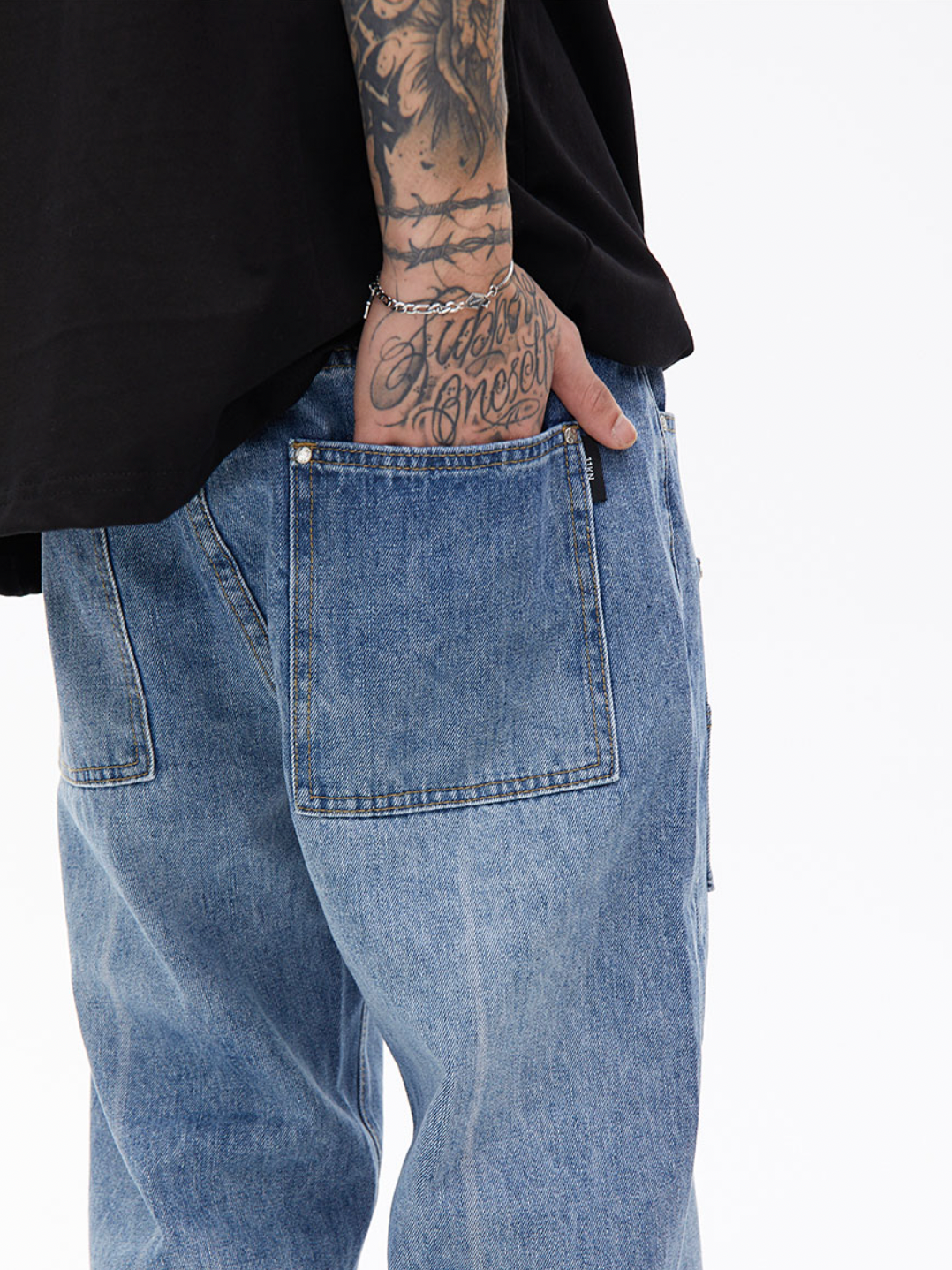 Washed Stitching Pocket Denim Jeans
